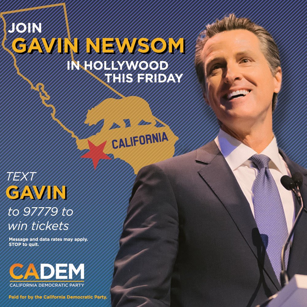 EricBauman's tweet image. Wanna spend Friday evening with me and our next Governor? Join @GavinNewsom &amp;amp; @CA_Dem in Hollywood for an event honoring the activists &amp;amp; volunteers who are Building the Blue Wave!

Text NEWSOM to 97779 to enter.
(Message &amp;amp; Data Rates May Apply. STOP to quit.)

#BlueCA