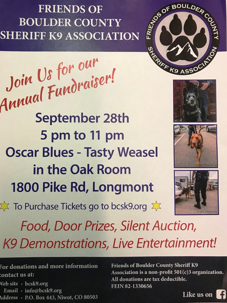 BldrCOSheriff's tweet image. Join us at the @FriendsofBCSK9 annual fundraiser on September 28 at the Tasty Weasel, 1800 Pike Rd, Longmont. There will be food, door prizes, a silent auction, K9 demos and live entertainment. For more information, and to purchase tickets, please visit: bcsk9.org/stuffed-k9-toy…