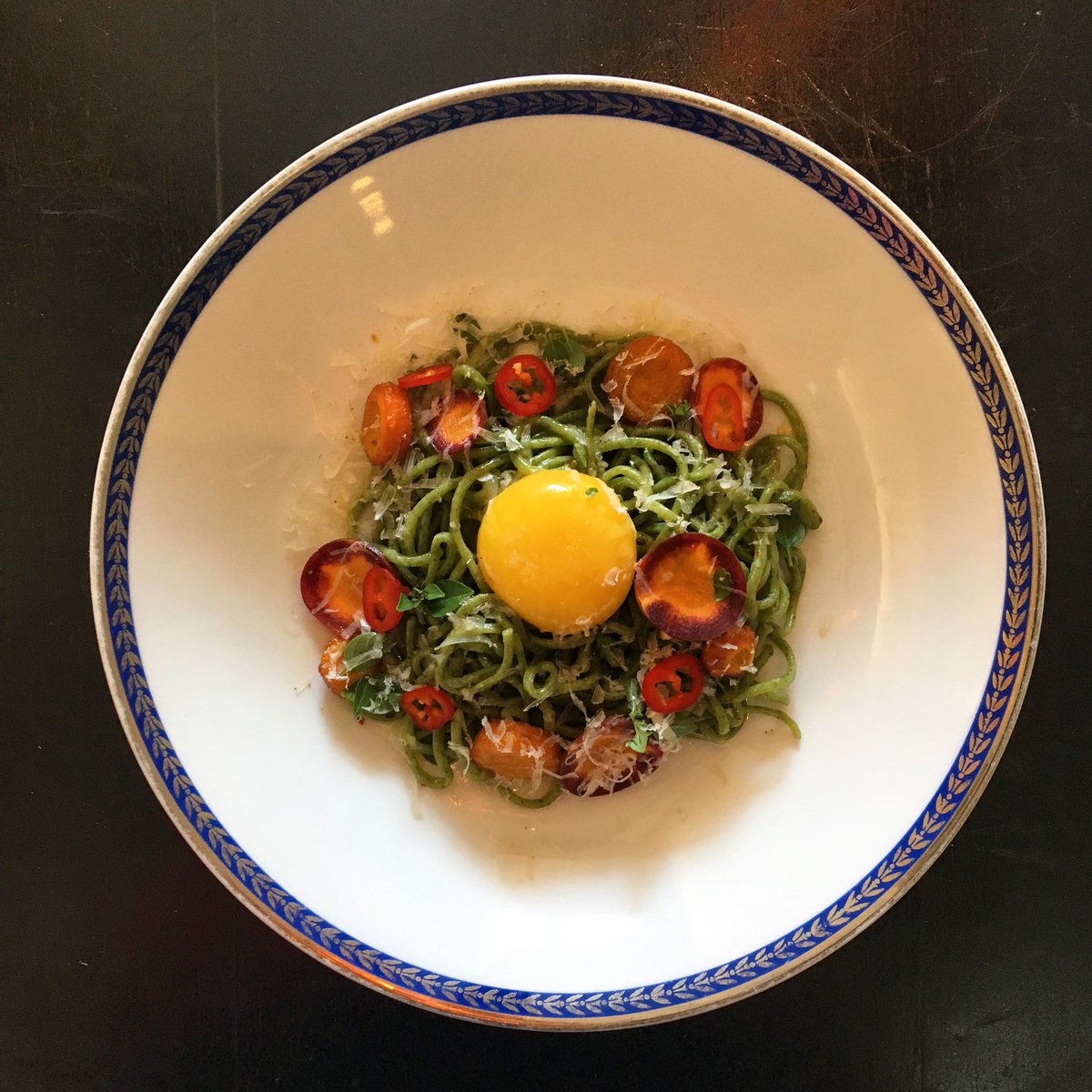 Carrot top spaghetti a la chitarra, garlic, chili, egg yolk, Monforte Dairy pecorino #Boralia #59ossington #canadiancuisine