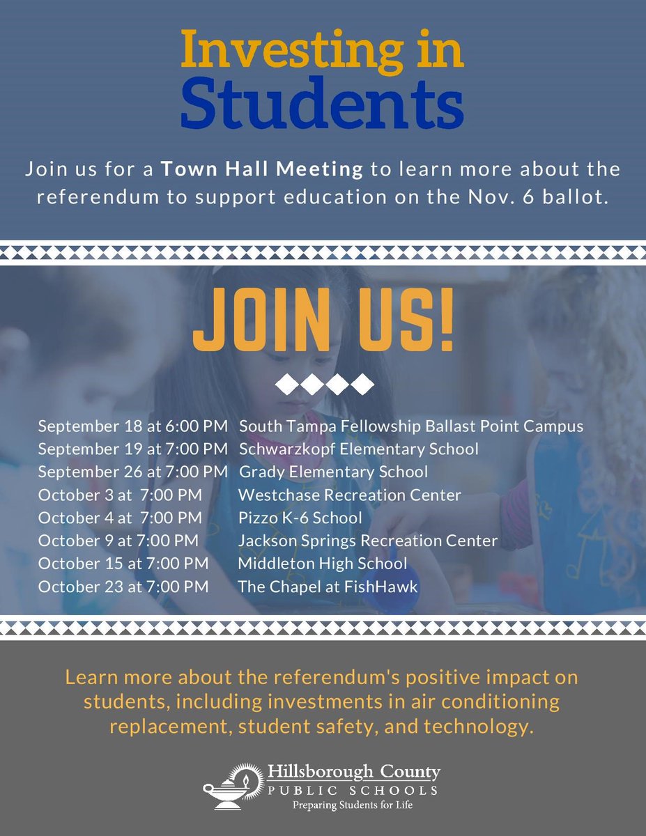 You're invited! Please join us for a Town Hall Meeting to learn more about the education referendum on the Nov. 6th ballot. Supt. @Jeff_Eakins will answer your questions & talk about the positive impact the 1/2-penny sales tax would have on our students, schools and community.