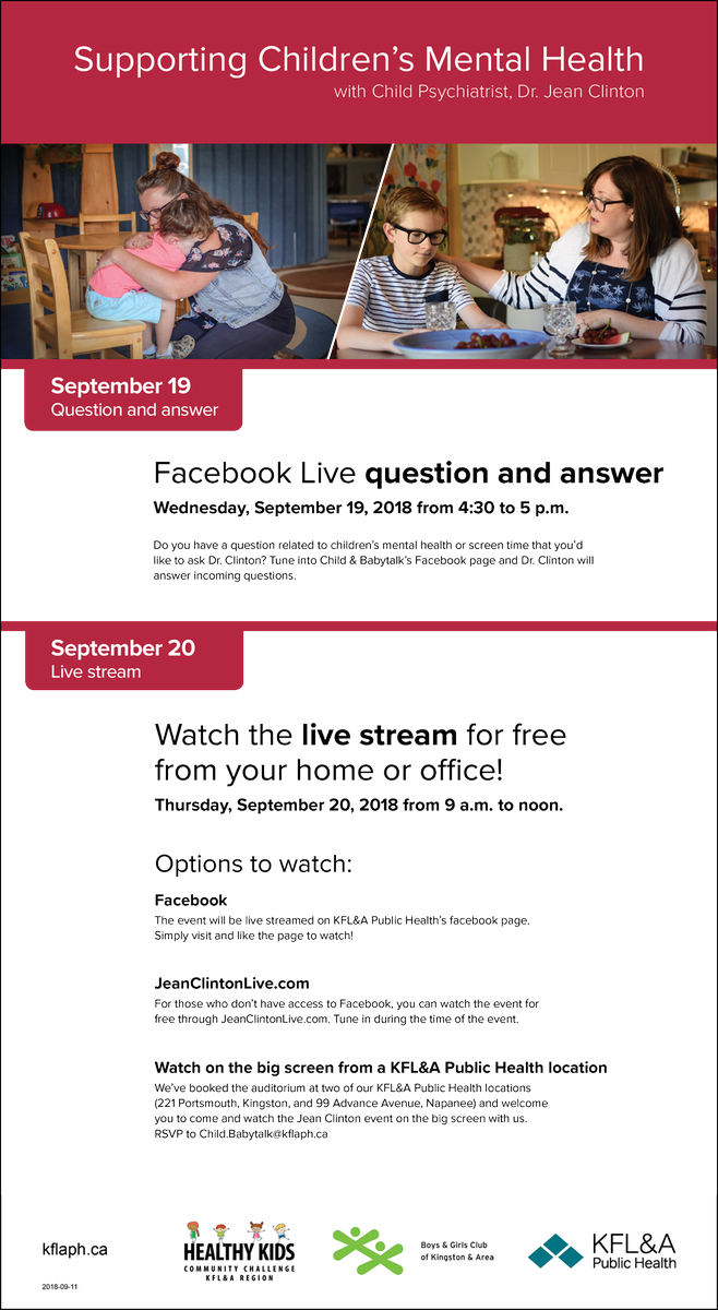 DrJeanforkids's tweet photo. Next week I will be presenting in Kingston with @KFLAPH! Can't come to Kingston? Don't worry you'll be able to catch me LIVE on Sept. 19 &amp; 20. 

Check out the flyer for more information &amp; how to join in! https://t.co/JhU6sicX3A