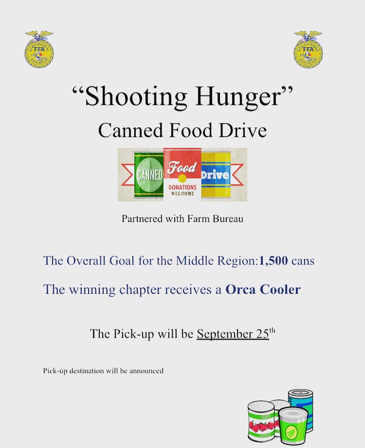 middletennffa's tweet photo. Let’s remember to bring in those non-perishable goods!!! We can do this Middle TN FFA! Who will win the Orca cooler? #selflessservice #donate https://t.co/pCJMoWX1fO