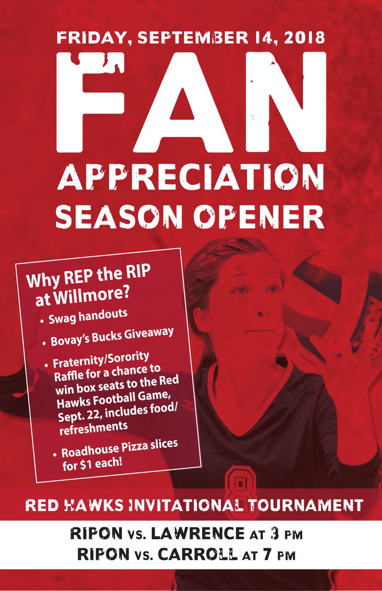 RiponRedHawks's tweet photo. Please join us at Willmore Center for Fan Appreciation Day at Friday's @riponcollege Volleyball Invitational. Ripon will play Lawrence at 3 p.m. and Carroll at 7 #d3vb #FanAppreciation #RepTheRip @RiponSports @riponwi @B1047vegas @KFIZ1450 https://t.co/jp5bt03XiK
