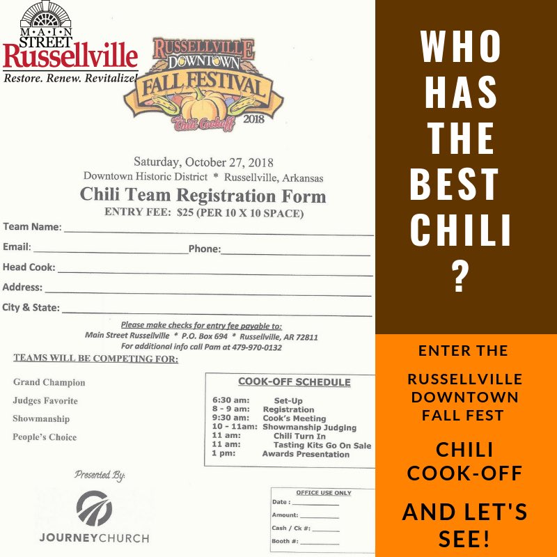 It's time to register for the 27th Annual Russellville Downtown Fall Festival Chili Cook-Off!