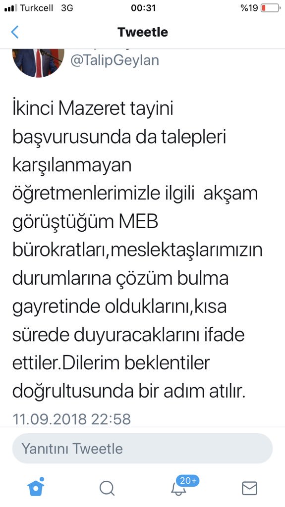 İki gün önce,İl dışı mazeret tayinleri karşılanmayan öğretmenlerimizin mağduriyetinin giderileceği söylenmişti.
Gerçekleşiyor. Mağduriyetlere kayıtsız kalmayan yetkililere @hmzaydg teşekkür ediyorum.
Şimdi sıra birbirlerinden 100-150 Km mesafedeki il içi özür grubu mağdurlarında.