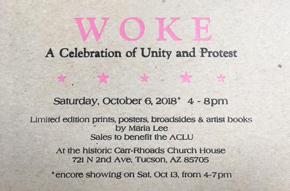womensmarchtucs's tweet image. #Tucsonans! Come to Maria Lee&apos;s show, Woke – A Celebration of Unity and Protest, on Oct. 6. Proceeds benefit @ACLU. Great art for a great cause!