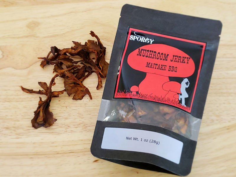 Co-Owners Adam Alexander &amp; Carlee Leonhard of Sporgy Mushrooms in Healdsburg paid us a visit today to show us some delicious jerky magic they created with our very own Maitake mushrooms!! #mushrooms #mushroomjerky #mushroomrecipe #sporgymushrooms #healthyeating #maitake