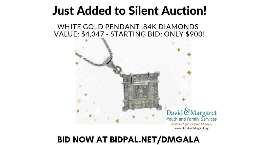 DavidnMargaret's tweet photo. Birthday? Anniversary? Holidays? Surprise her with this gorgeous diamond pendant! Bid until Saturday 8:30 p.m. at https://t.co/cxeb2DfOge. #DavidandMargaret #DMGala #ToFosterChange #PBSSoCal https://t.co/YxJj6DJenq