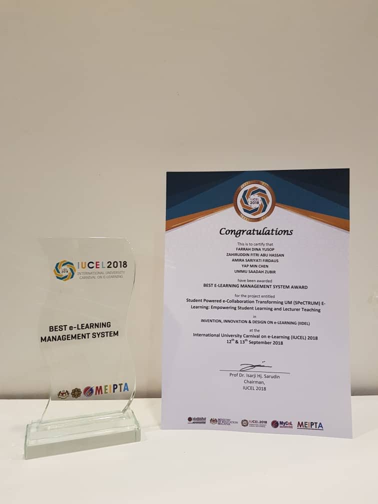 ADeC_UM's tweet photo. Congratulations to ADeC and SPeCTRUM team for winning Best e-Learning Management System at #IUCEL2018
#adecum #inspiringtalentnurturingleaders
#universityofmalaya
@unimalaya https://t.co/OPqBQJTozc