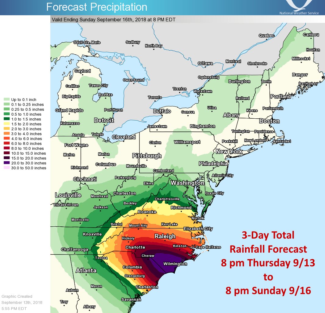 NWSEastern's tweet photo. Latest rainfall forecasts...Life-threatening, catastrophic flash flooding and prolonged significant river flooding are likely over portions of the Carolinas and the southern and central Appalachians through early next week, as Florence slowly approaches the coast and moves inland https://t.co/UCJG9GPH3W