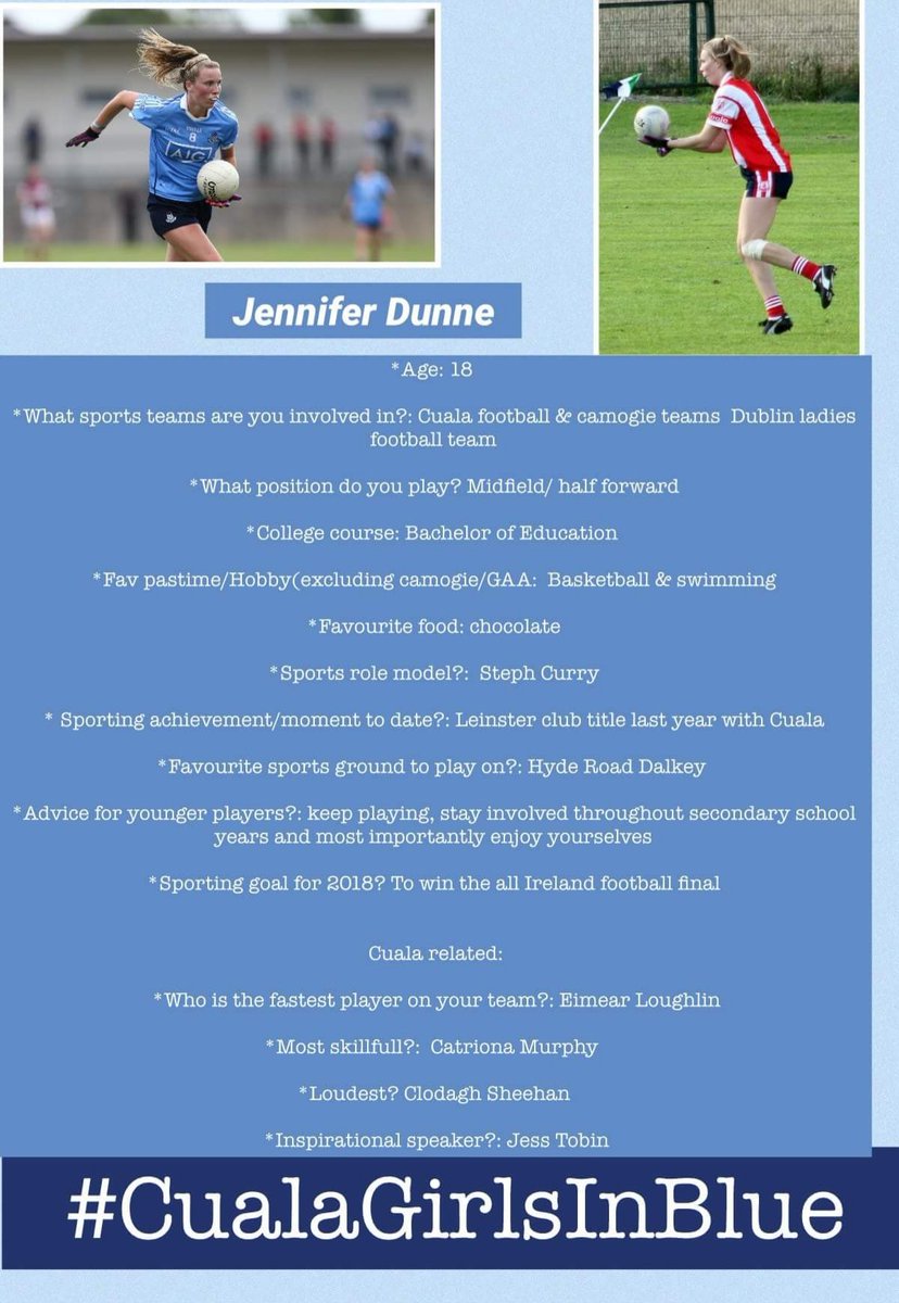 CualaCLG's tweet photo. Jennifer Dunne lines out as part of the @dublinladiesg squad on Sunday next in the @LadiesFootball All Ireland final.  She answered a few questions for us earlier this week. 
#CualaGirlsInBlue https://t.co/LTb7oLnmhg