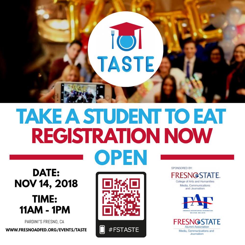 FSMCJDept's tweet image. TASTE 2018 is right around the corner and registration is now open! ✨Register now until September 28th to reserve your spot or until we sell out so sign up now! The cost is $5 for students and lunch will be provided by your mentor. fresnoadfed.org/events/taste/  #FSTASTE2018 #HowWeMCJ