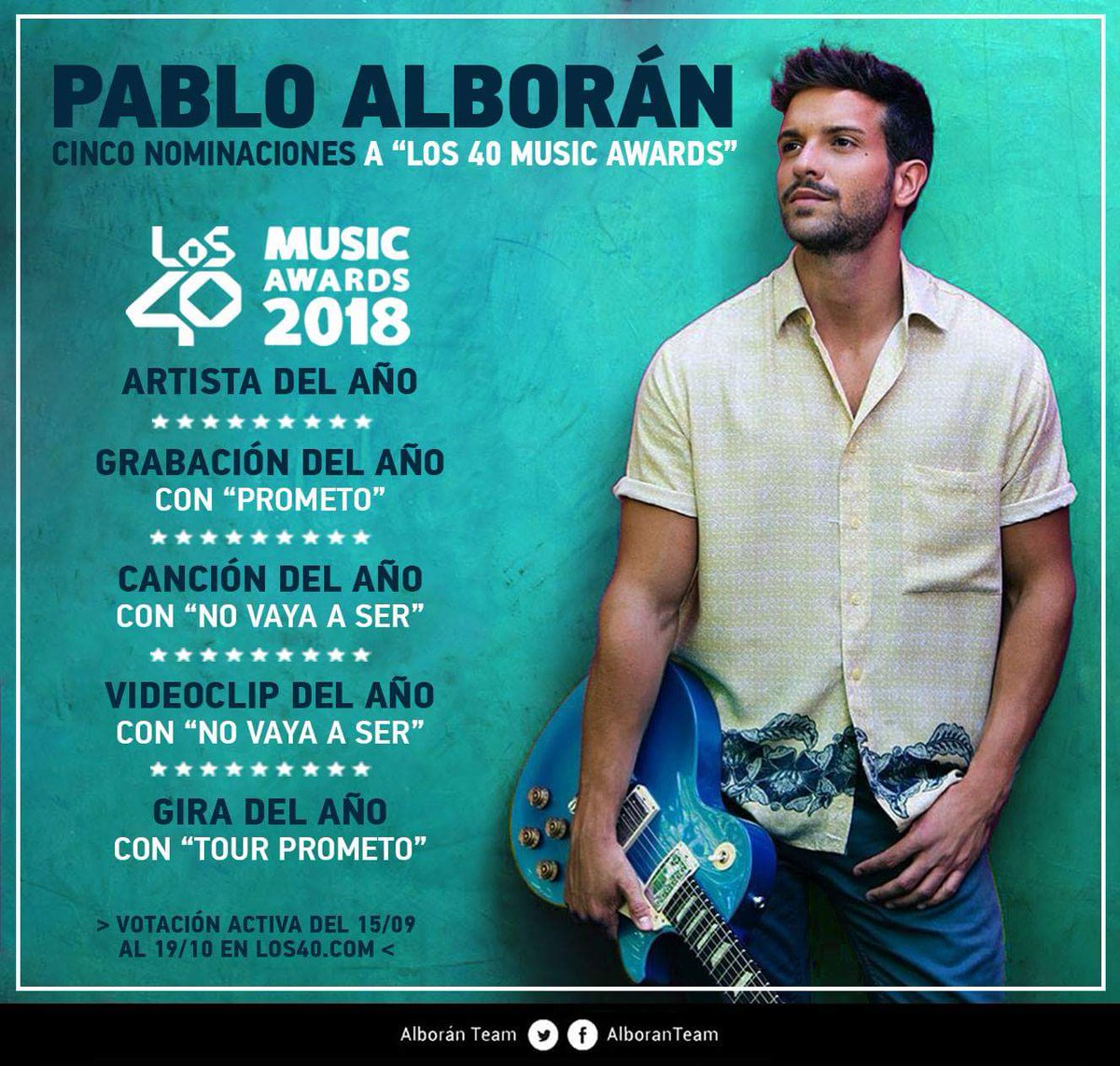AlboranTeam's tweet photo. #Info @pabloalboran arrasa en las nominaciones a #LOS40MusicAwards de @Los40 optando a llevarse el 🏆 en 5 categorías:
📍Artista del año
📍Grabación del año
📍Canción del año
📍Videoclip del año
📍Gira del año
¡Enhorabuena!

(Inicio votaciones el 15/09 en https://t.co/NoMykOfbhe) https://t.co/5hkVKii1fo
