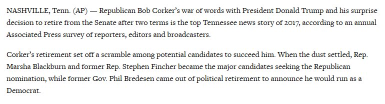 5/ Article about Corker's "surprise" decision to retire from the senate.  https://apnews.com/c8de571006a844d5b3ede82145551420