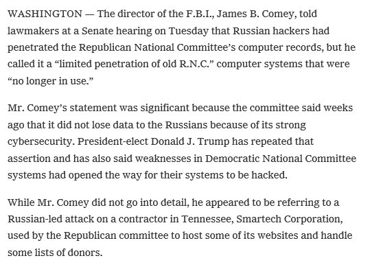 7/ Confirmation that Russia hacked Smartech.  https://www.nytimes.com/2017/01/10/us/politics/russia-hack-hearing-clapper-rogers-brennan.html