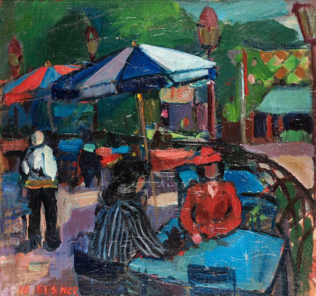 OlympiaAuctions's tweet photo. How to spend a warm evening... 
‘The Cafe in Bakken’ by Ib Eisner (1925-2003), signed l.l.: IB EISNER.  Oil on canvas. #cafeculture #picturesauction #October17th https://t.co/WAqq9cJarc