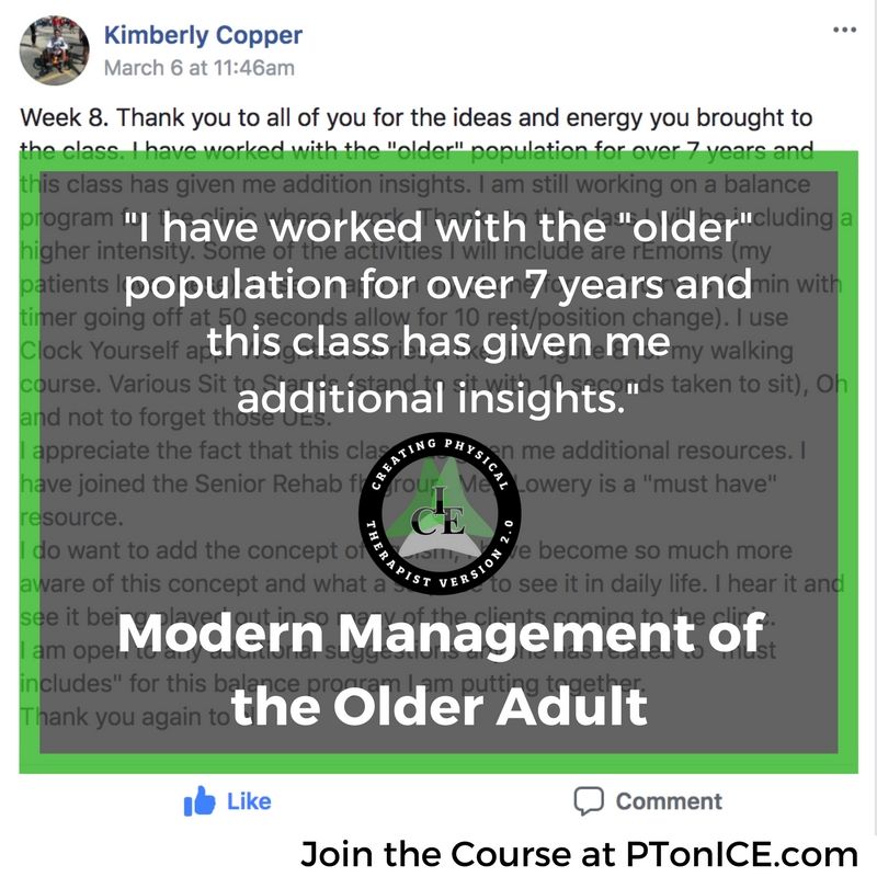 DustinJonesdpt's tweet image. #FreshPT #NewGradPT #VeteranPT Challenge your biases &amp;amp; step up your #GeriPT Game

Modern Management of the Older Adult with @icephysio
✔️8 Weeks / 16 CEU's 
✔️Online, Group-Based
✔️Better serve your older adult patients #OldNOTWeak

Join course 👉 ptonice.com/older-adult