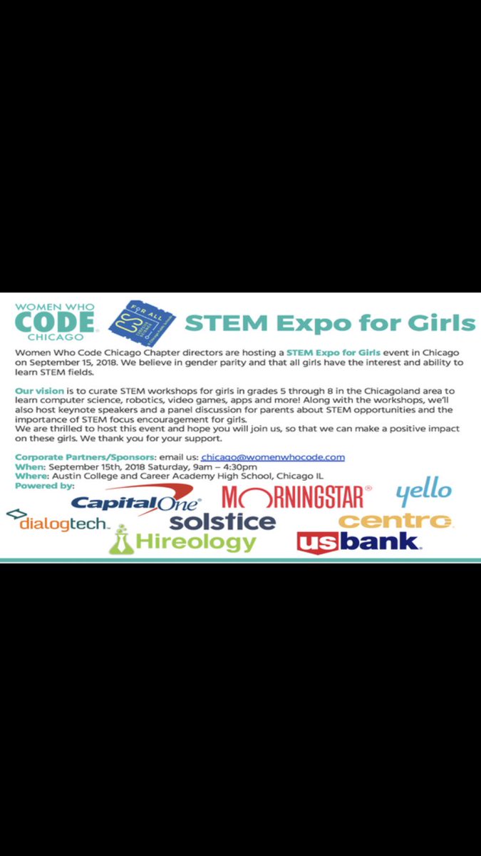 WWCodeChicago's tweet image. Did I mention we have free food, backpacks full of goodies, prizes and fun filled workshops! Please signup here, it’s free 😊 Join me at STEM Expo for Girls hosted by Women Who Code Chicago & CPS CS4All on 9/15! meetu.ps/e/FDM3y/BmbtJ/a More details below!