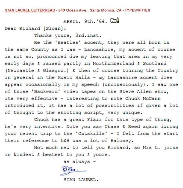 Stan_And_Ollie's tweet photo. Stan Laurel talks about #TheBeatles in a letter to a fan. 
#ThingsYouDontExpectToSee https://t.co/qSGEzoKUiG