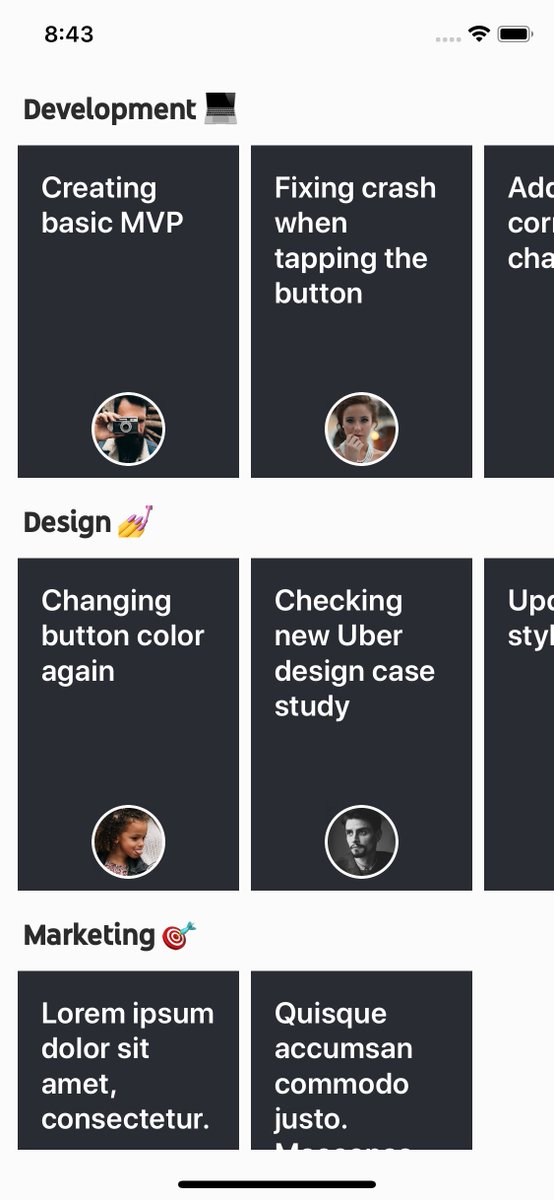 Screenshot of the mobile app showing a list of "Stories Preview", rectangles with a text inside saying what each person is working on at the moment