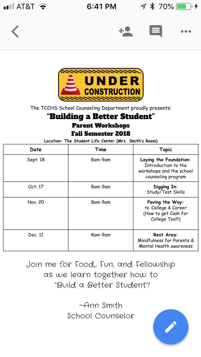 ann1967smith's tweet photo. TCCHS Parent Workshops!!!! Come join me! #buildingabetterstudent #studentlifecenter @TCCHS_tccentral https://t.co/n7Mgk3RNWR