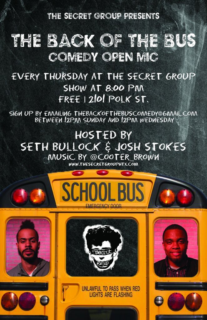 SecretGroupHTX's tweet photo. Back to back #standupcomedy Shows tonight, #houston! Draughts &amp; Laughs #beerandcomedy at 8 pm featuring @SpindleTap brewery $12 includes souvenir pint glass, 2 beers and comedy! • Back of the Bus #openmic at 8 pm in the box! https://t.co/vgHmzPmskW