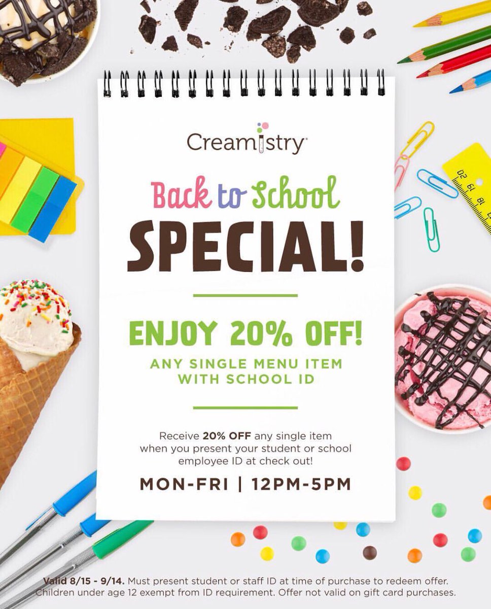 CreamistryInc's tweet photo. TOMORROW is your last day to get our back to school special! 🍨🎒 Be sure to ask about getting 20% OFF any single menu item with a school ID (Mon-Fri, 12PM-5PM) 🤗 Who’s getting this deal today or tomorrow? 🙌🏼 #backtoschool #creamistry https://t.co/KB4HflIIT8