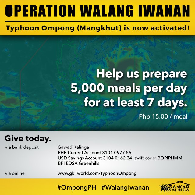 GawadKalingaHQ's tweet photo. #OperationWalangIwanan: Help us raise funds for the evacuees of Typhoon #OmpongPH. For ₱15, you can share hope for the families and communities braving the storm. Give NOW: https://t.co/jU7QASNscW. https://t.co/eGAD52Ykhs