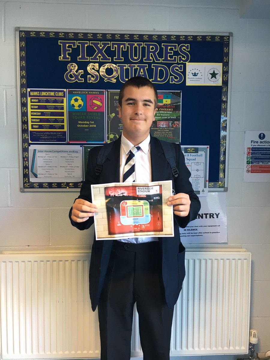 Havelock_PE's tweet photo. Well done to Oliver George who won the staff & student fantasy football team league last year! He has chosen match tickets to the up coming Middlesbrough vs Swansea game! #Hawks #ManagerInTheMaking #Championship #FirstPrize https://t.co/b6RCqxEYfH