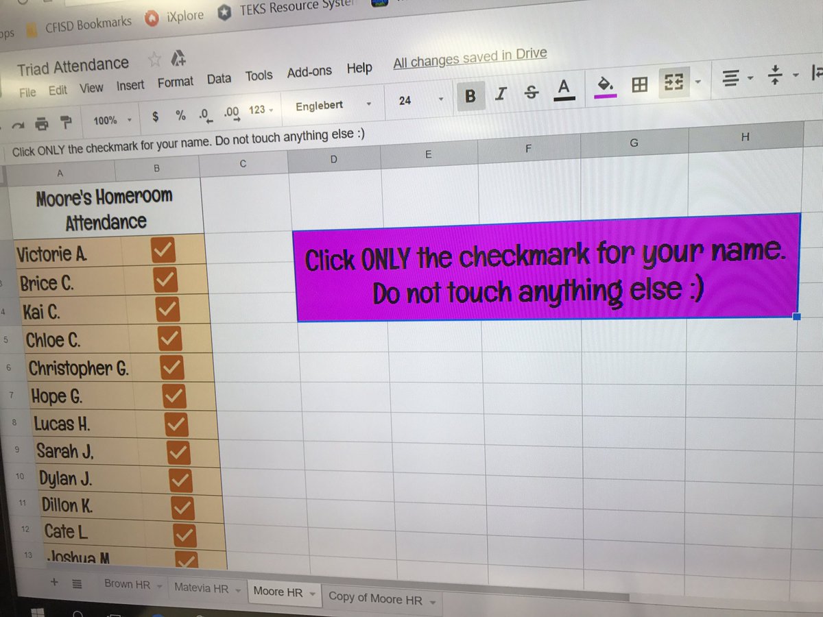 The thing I am MOST EXCITED about this week is the amazing @googlesheets that @HillaryMatevia made to save our lives! #attendancemadeeasy 🙌