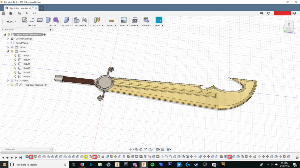 bythehalfpint's tweet image. #fjord sword coming along. Base shapes down, debating what details to manually sculpt or add in Fusion. Trying to get this done before ALA.  Now I need to fix my printer #fusion260 #criticalrole #fanart #cosplay #flexion #monoprice