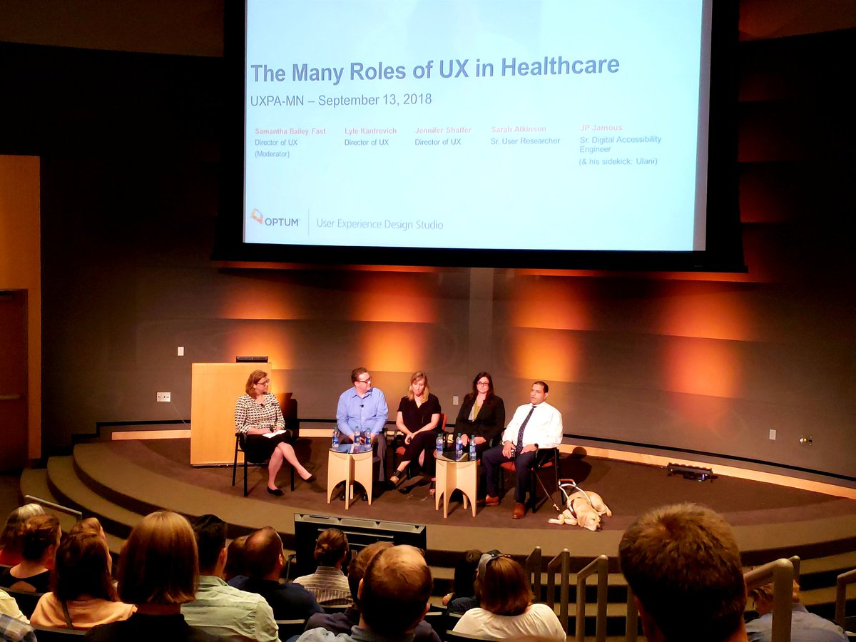 I learn at every <a href="/uxpaMN/">UXPA-MN</a> event. Tonight's panelists are Directors of UX Samantha Bailey Fast, Lyle Kantrovich, Jennifer Shaffer, Sr. Researcher Sarah Atkinson, &amp; Sr. Accessibility Engineer JP Jamous. All of the UX Design Studio at <a href="/Optum/">Optum</a>. Thank you for hosting!