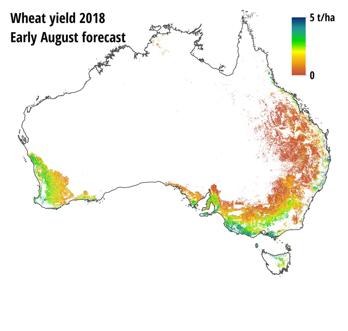 ralawes's tweet image. Wheat yield forecasts across Australia from early August. #csiro #graincast