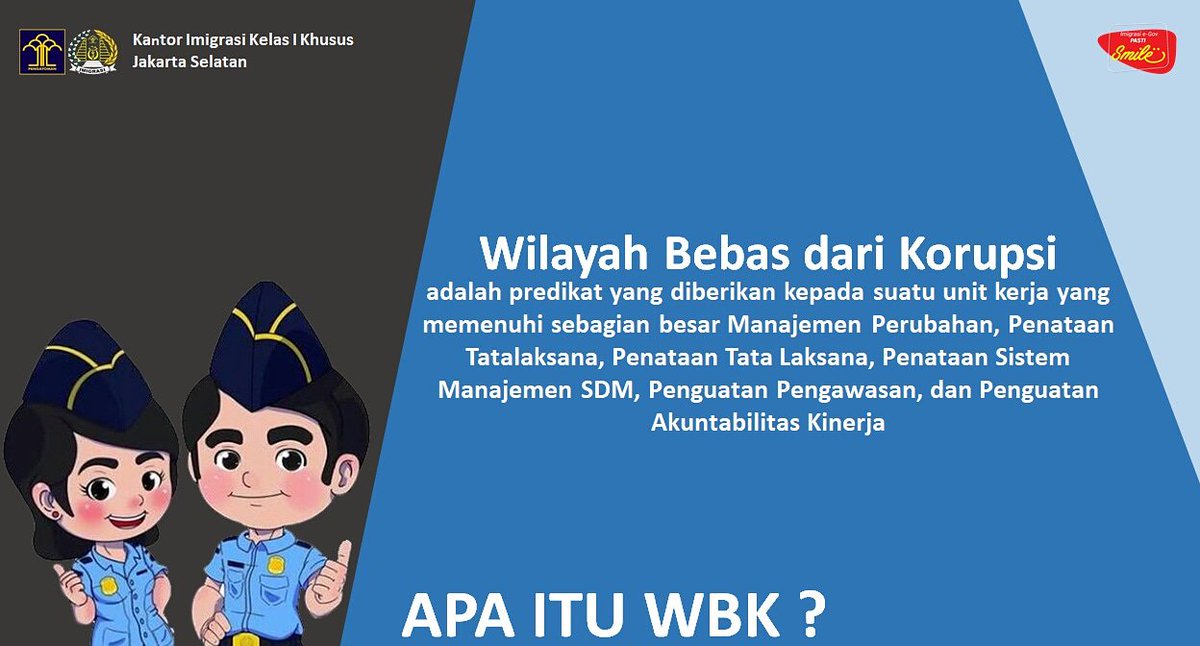 Hai sobat Mido!
Dukung dan bantu kami mewujudkan Kantor Imigrasi Jakarta Selatan yang bebas dari korupsi
So, be a smart citizen! Say no to CALO!
no pungli,no gratifikasi.

#ImigrasiJakselSiapWBK 
#wilayahbebasdarikorupsi 
#paspormudah
#izintinggalmudah
#humaskanimjaksel