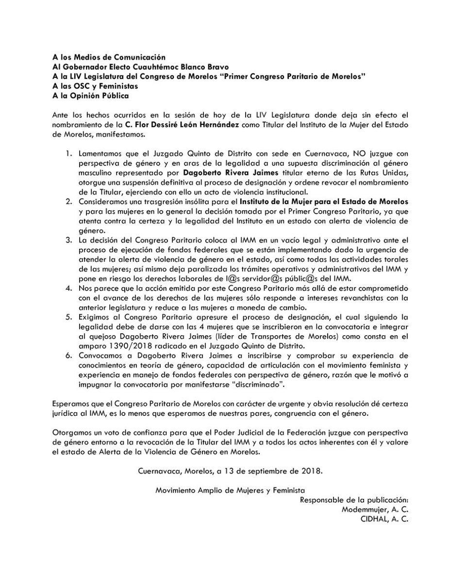 #NoSinMujeres #ViolenciaInstitucional ejercida al <a href="/immorelos/">IMMorelos</a> #Ni1PasoAtras
@ISBeauvoir <a href="/ARCADIASALINAS/">IRMA SALINAS GARCIA</a> <a href="/MarthaTagle/">Martha Tagle</a> <a href="/flaviafrei/">Flavia Freidenberg</a> <a href="/mujerestw/">MujeresTW</a>