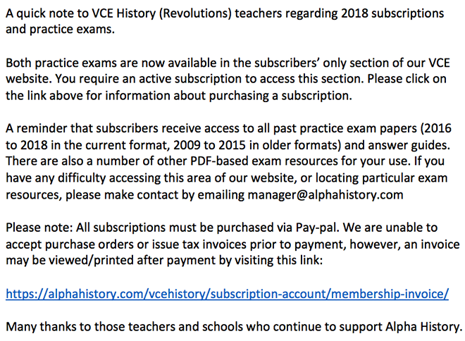 vcehistory's tweet photo. Revolutions teachers - a reminder that a subscription to our VCE History website gives you access to six practice exams and answer guides, including two new papers for 2018. https://t.co/tO0AgBT0T5 https://t.co/ufDgOEREHv