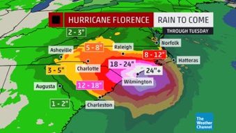 HurricanFlorenc's tweet photo. #Florence currently a 100 mph hurricane, but has basically SQUATTED on Sweet Carolinas. The slow speed of the storm will lead to days of heavy rain, wind, and storm surge for many places along the Carolinas. #hurricaneflorence https://t.co/Jg7Y2QWbBU