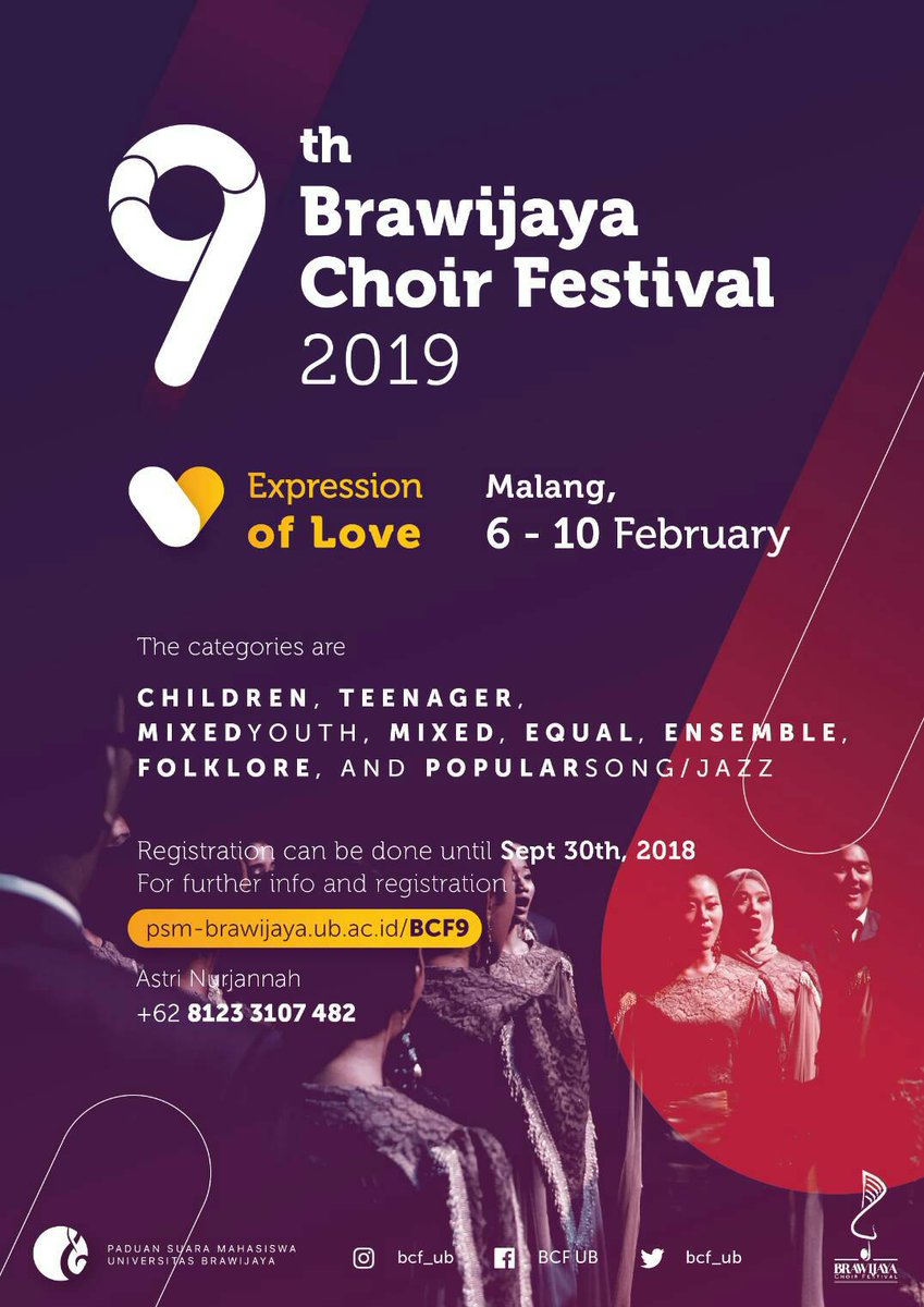BCF_UB's tweet image. 9th BRAWIJAYA CHOIR FESTIVAL 2019 
Expression of Love 
Malang, 6-10 February 2019 
For further info and registration , kindly check: psm-brawijaya.ub.ac.id/BCF9 
Or call/text our contact person: 
Astri Nurjannah 
(+62 8123 3107 482)