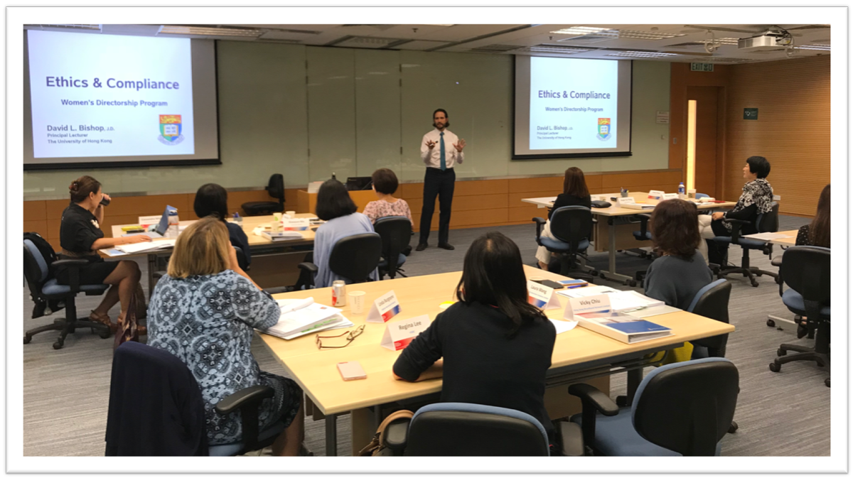 WDPglobal's tweet photo. Ethics &amp; Compliance is on the agenda today at the Women's Directorship Programme. Led by David Bishop, Principal Lecturer @HKUniversity, our participants are being challenged in their thinking and decision making processes as they prepare for the board #executiveeducation https://t.co/enh4z9yJWO