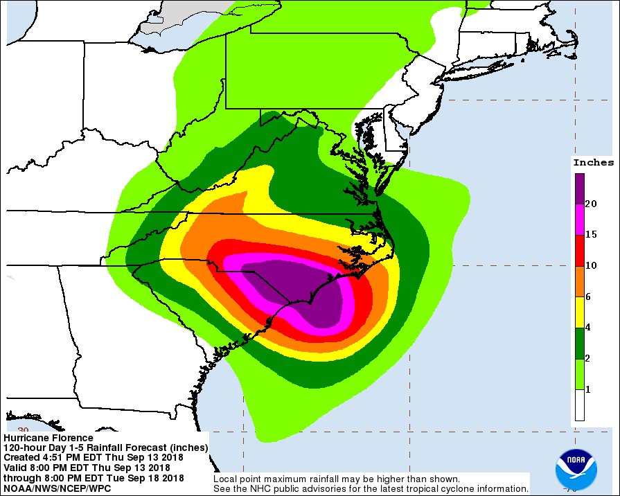 NHC_Atlantic's tweet photo. Hurricane #Florence is producing a life-threatening storm surge and hurricane conditions over portions of eastern North Carolina.  The threat of freshwater flooding will increase and spread inland over the next several days.  https://t.co/tW4KeGdBFb https://t.co/3OokbkFeb7