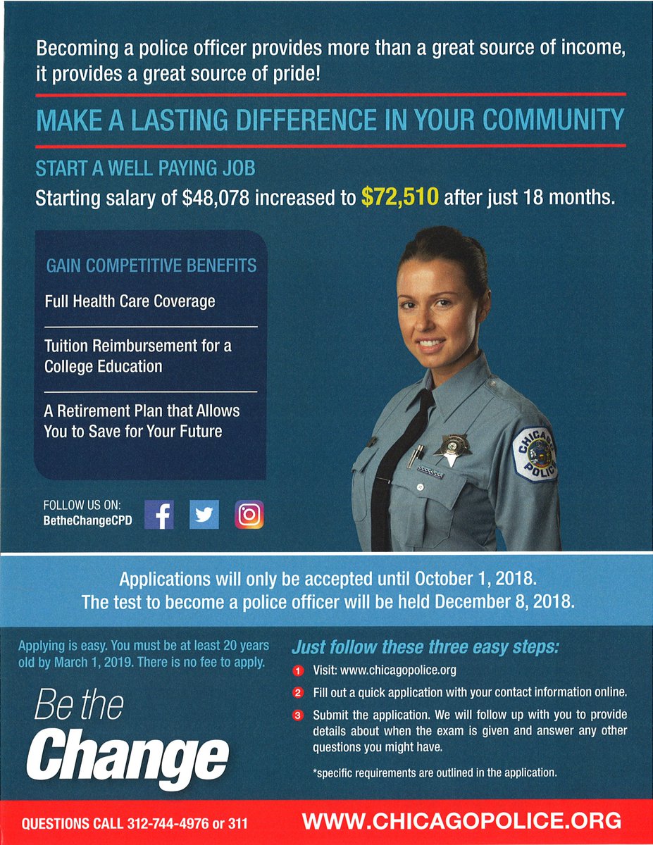 ChicagoCAPS16's tweet photo. Becoming a Chicago Police Officer provides more than a great source of income, it provides a great source of Pride!  Applications accepted until October 1.  If you have questions call 312-744-4976 https://t.co/daeUdURHiq