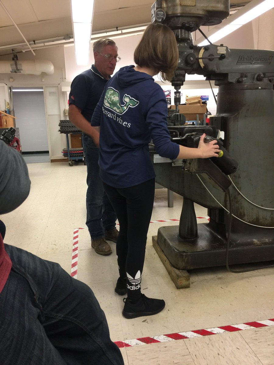 Aluminati3555's tweet photo. We had a great time training on the mill today! Mentor Paul Hnath taught students to drill and tap accurately using the Bridgeport mill. Next week we plan on continuing this project with the parts we started today and learn to use an end mill!!! https://t.co/TNsSET7eml