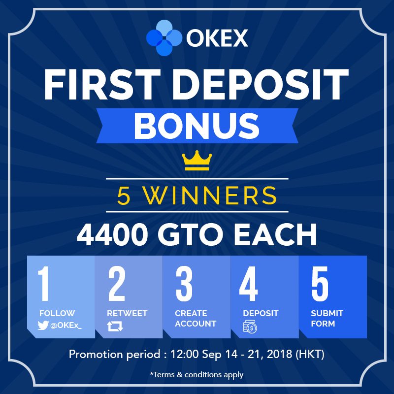 okx's tweet photo. ♠First Deposit Bonus
5 Winners. 4400 GTO Each.

🎲How to Enter
1. Follow @OKEx_
2. Retweet
3. Create a new OKEx account via this link (https://t.co/A7zWGuMA7u)
4. Deposit
5. Submit this form (https://t.co/J9zyr7KUkG)

🏆Prize
We will draw 5 winners on Sep 24 (HKT).

•TCs apply https://t.co/Sp186P790B