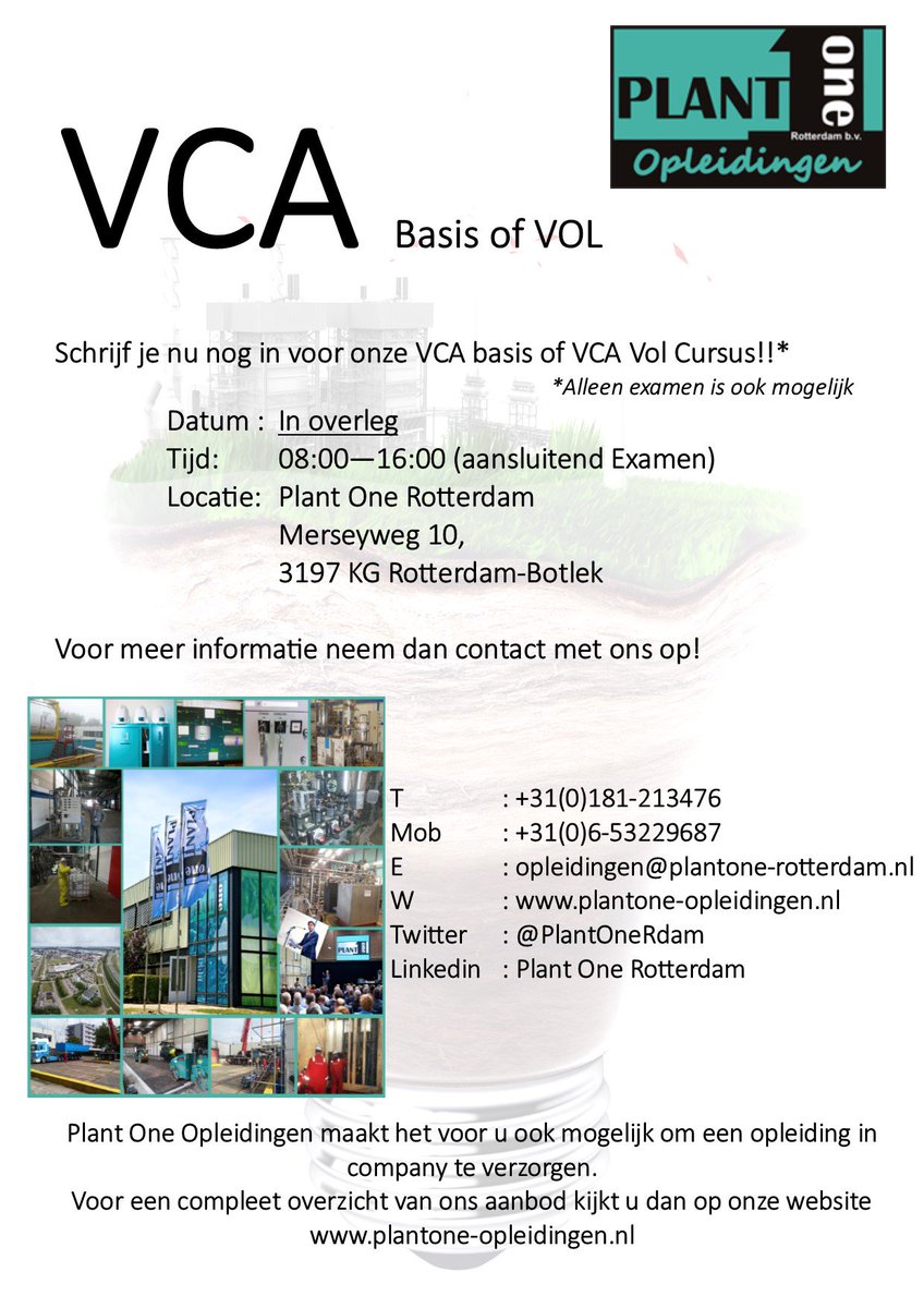 Is je VCA basis- of VOL verlopen, bijna verlopen of wil je deze gaan halen? Dat kan bij Plant One Opleidingen! Stuur een mail naar opleidingen@plantone-rotterdam,nl voor de actuele curusdatum!