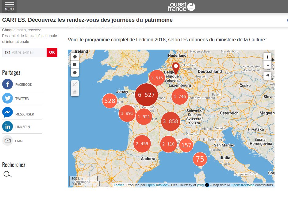osm_nantes's tweet image. Bonjour @OuestFrance @OuestFrance44  Très bonne initiative de présenter les #JEP2018 (données @MinistereCC) sur carte #OpenStreetMap interactive via #OpenDataSoft @jawgio 
Malheureusement la mise en forme n&apos;a pas suivi ! C&apos;est difficile à consulter 
Pas de lien externe non plus.