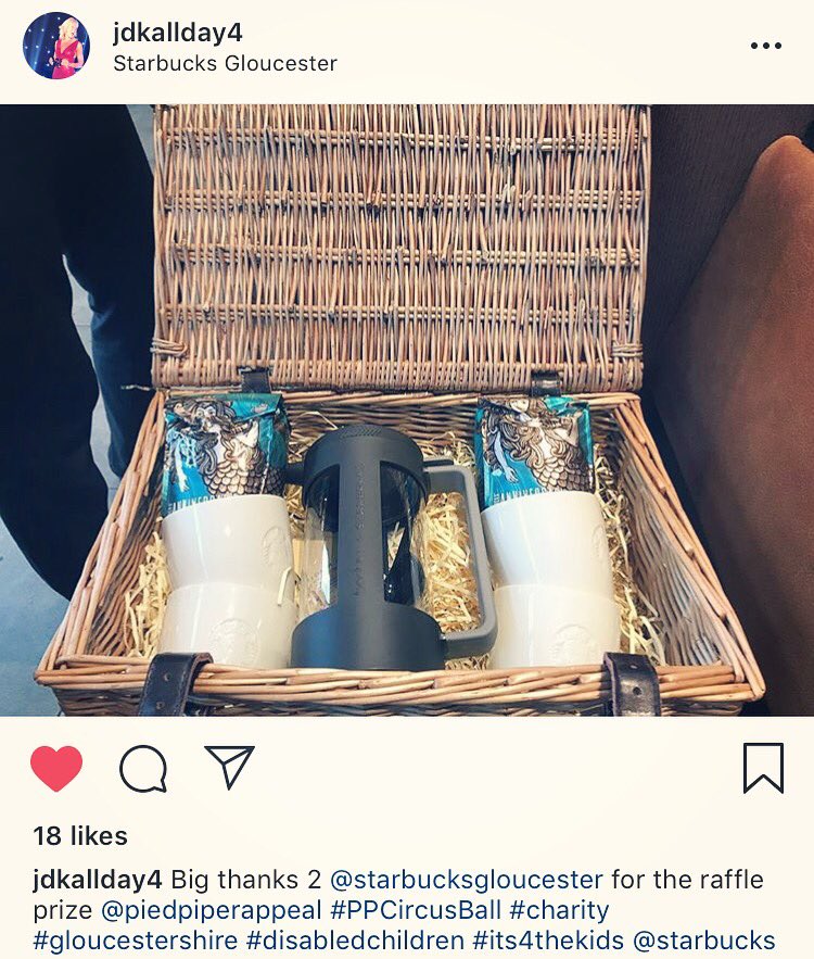 StarbucksGDT's tweet photo. Raffle Prize for @PiedPiperAppeal for next weekend with their Circus Ball #chairty #raffle #gloucester #coffee #community https://t.co/VUz19r4DrG