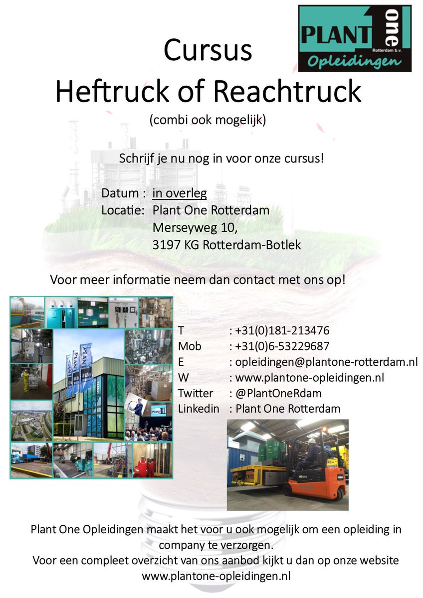 Heftruck- of Reachtruckcertificaat verlopen of nodig? Mail voor meer informatie of een actuele cursusdatum naar: opleidingen@plantone-rotterdam.nl.