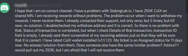 This is taken from <a href="/ColossusCoinXT/">ColossusXT</a> discord, and is exactly what NEVER could happen with #StakingVBox.
With same scenario  on #TheHub, this user just had to login,export/import his privkey for coins safe at home! Using hub.kalkul.us prevent this and other sort of risks.