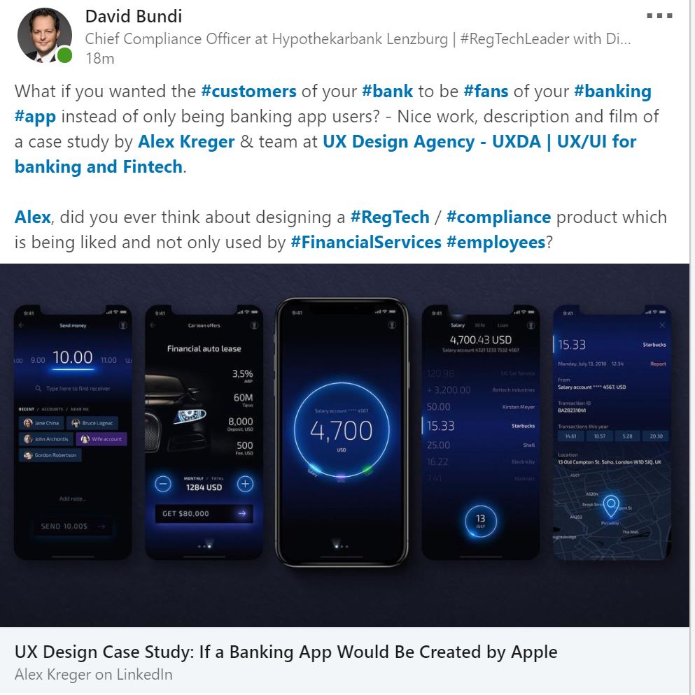 Alex @uxdesignagency , did you ever think about designing a #RegTech / #compliance product which is being liked and not only used by #FinancialServices #employees? linkedin.com/feed/update/ur…