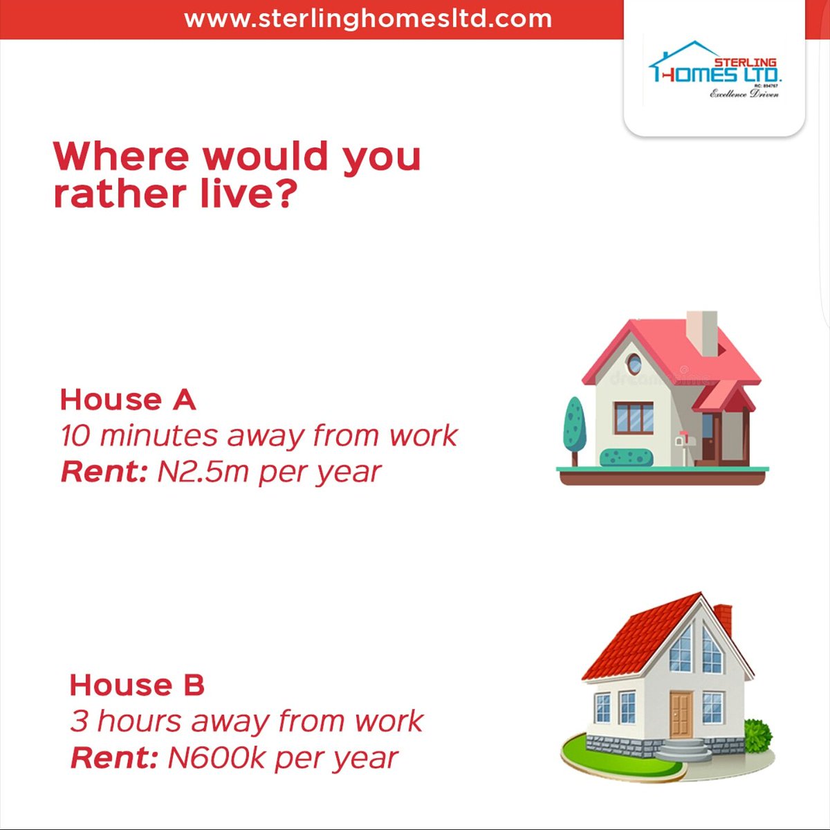 sterlinhomesltd's tweet image. Question of the Day.

Which do you prefer: House A or House B?

Tell us in the comments 👇

#stoppayingrent 
#realtor #realestate #homeowners #sterlinghomes #homesale #landforsale #properties  #property #lagos #nigeria #luxury #apartment #estate #bespoke #excellence #sterling